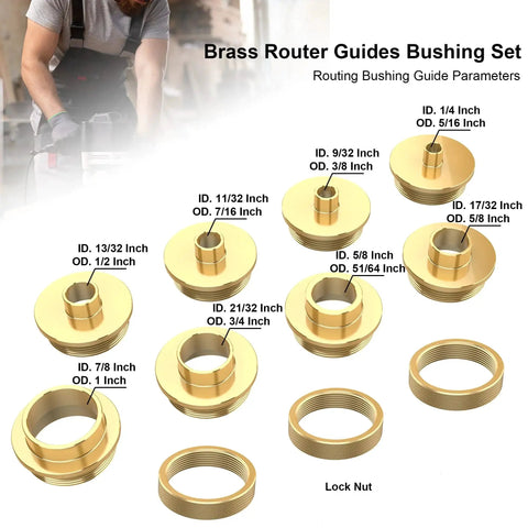 Image of a Precision Brass Router Template Bushing Guide Set, 11 Pcs with various sizes displayed, highlighting durable brass construction.
