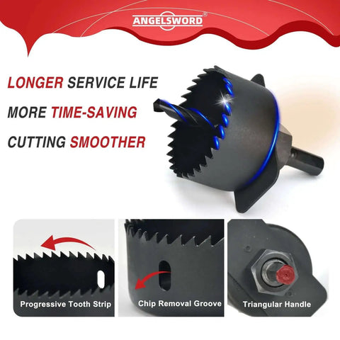 Close-up of a hole saw with triangular handle and progressive tooth strip from Remodel Ready 24 Piece Hole Saw Kit With 14 Blades From Three Quarter Inch To Six Inch For Drywall Wood Plywood Plastic And PVC Includes Two Mandrels And Drill Bits For DIY Renovation Projects.
