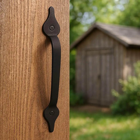 2 Pack 11 Inch Heavy Duty Steel Barn Door Handle With Unstoppable Grip For Gates Sheds And Cabinets Matte Black Pull Powerhouse Design Includes Screws For Easy Assembly installed on wooden door
