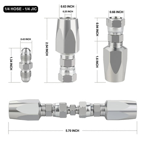 ANCIMOON 4Pcs reusable hydraulic hose repair fittings kit; chrome adapters for 1/4, 3/8, 1/2 in hoses; 5.7 in length