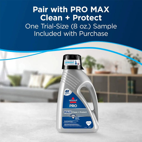 Trial-size 8 oz. bottle of BISSELL PRO MAX Clean + Protect cleaner, designed for use with carpet cleaning machines.