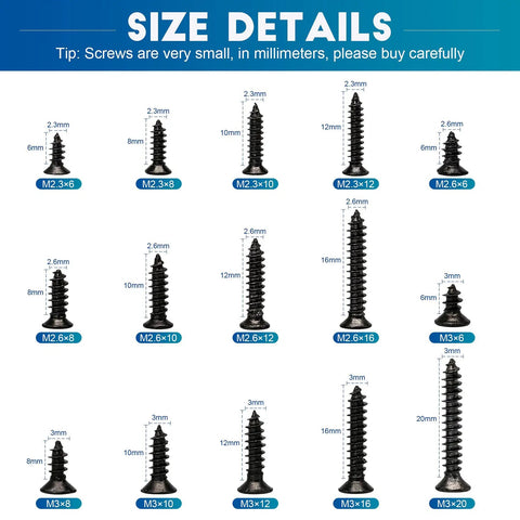 Size details of 450 Piece Mini Screw Kit with Phillips flat head self tapping screws, M2.3 M2.6 M3, black finish for DIY electronics.