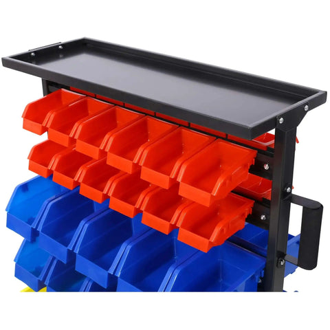 Close-up of Six-Tier Dual-Sided Storage Organizer Rolling Bin Rack With Sixty Plastic Bins, heavy-duty steel frame, orange and blue bins