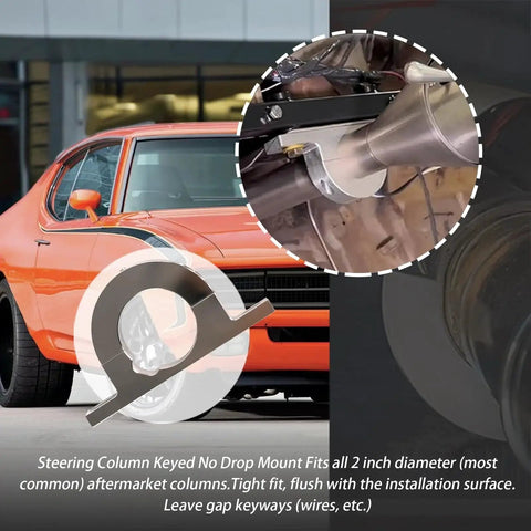 Universal 2 Inch Steering Column Drop Mount Keyed Polished Aluminum Clamp installed in classic car