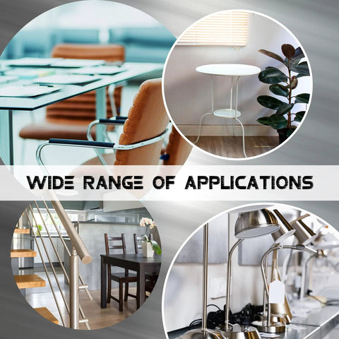 Collage showing various uses of industrial 304 stainless steel tube in furniture, stair railings, and kitchen fixtures.