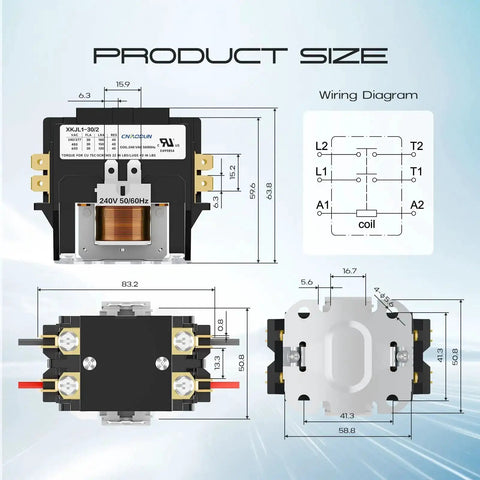 Dimensions and wiring diagram of 2 Pole 30 Amp 240V HVAC Contactor for condensers, compressors, and heat pumps, 600VAC rating.
