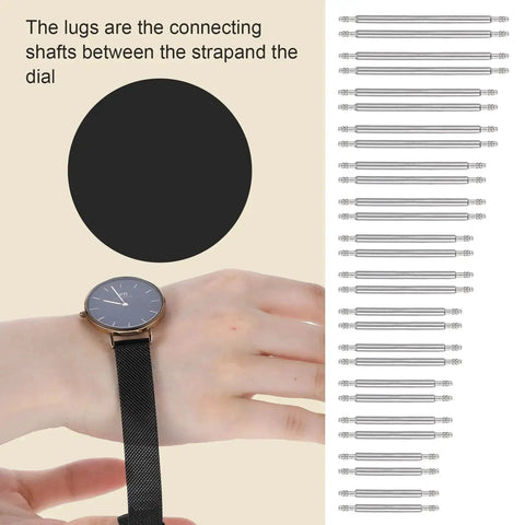 30 Piece Watch Band Pins Replacement Kit With Heavy Duty Stainless Steel Double Ended Pin Springs For Bracelet Repair Diameter 1.5-1.8mm Ideal For At Home Strap Adjustments And Quick Pin Removals DIY Ready next to watch face on wrist.