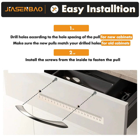 Illustration showing installation of 10 Pack Brushed Nickel Cabinet Pulls 5 Inch Arch Twisted Silver Handles on a drawer.