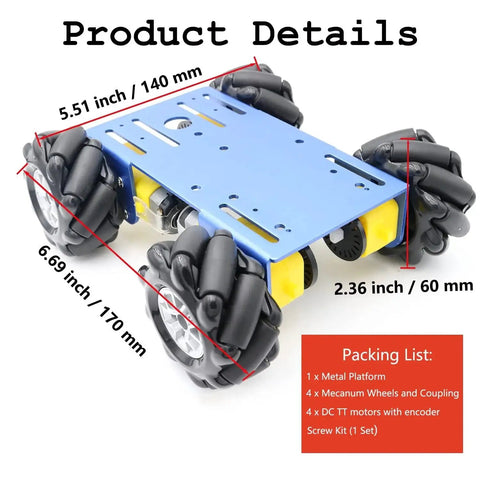 Top view of Professional 60mm Mecanum Wheel Robot Chassis MC100 with omnidirectional wheels and metal frame, dimensions labeled.