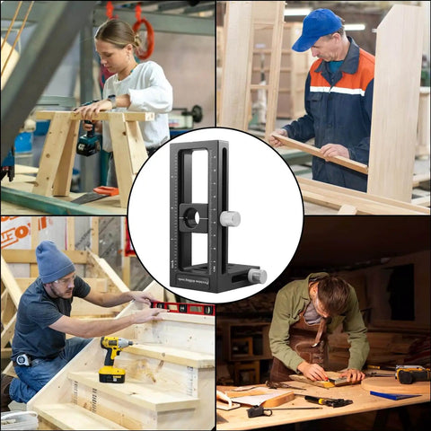 Collage with woodworkers using upgraded 2-in-1 drill guide positioning clamp with self-centering clamp for precise straight holes