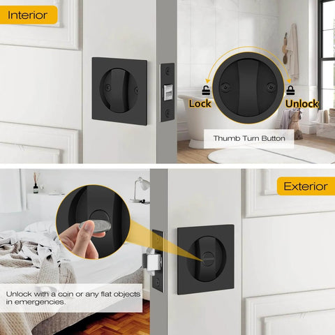 Interior and exterior views of Matte Black Pocket Door Lock Set, No Key Needed Privacy Latch For Bedroom And Bathroom.