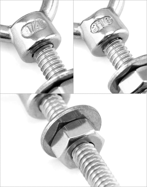 Close-up of Ten Pack 316 Stainless Shoulder Eyebolts One Quarter Inch By Two Inch With High Corrosion Resistance And Four Hundred Pounds Working Load Limit