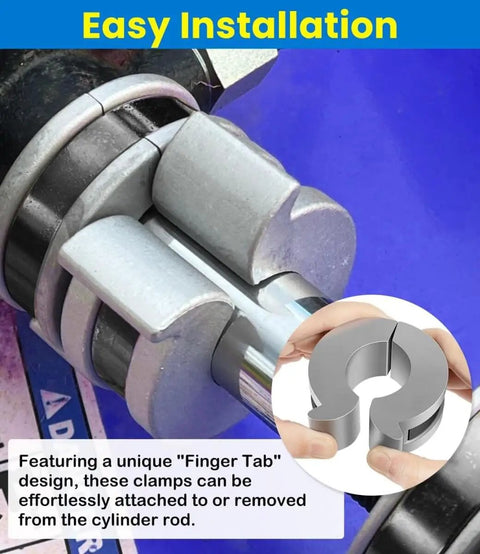 Close-up of the Stroke Control Kit for Hydraulic Cylinders with Adjustable Limiter Clamps and Finger Tabs, installed