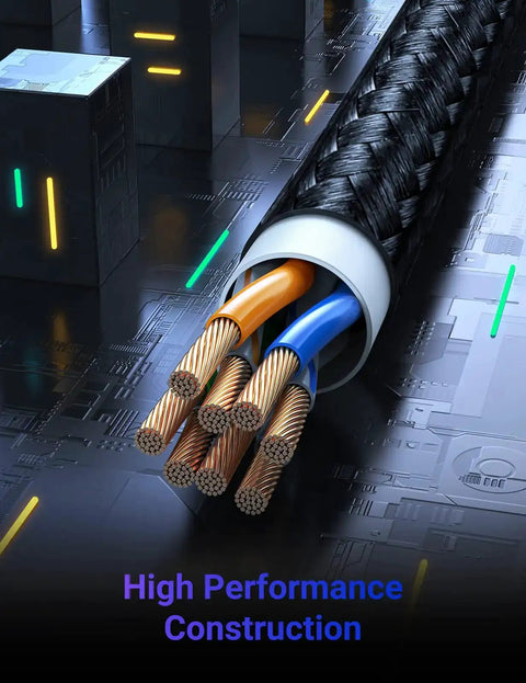 Close-up of a braided Cat6 Ethernet cable cutaway, showing internal wiring and shielding, suited for gaming and 4K streaming.