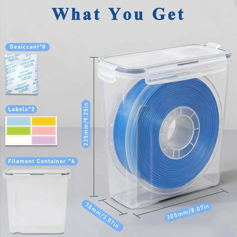 4 Pack Filament Storage Box Set with desiccant pouches, writable label sheets, waterproof and dustproof dry box with 3D filament spool inside