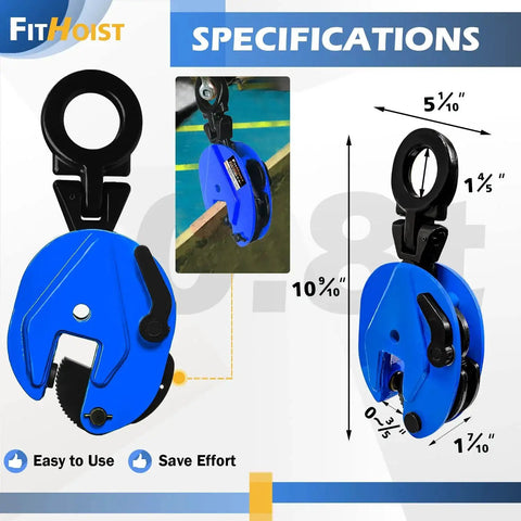 Heavy Duty Vertical Plate Clamp 0.8 Ton Load For Lifting And Transporting, blue steel clamp with dimensions