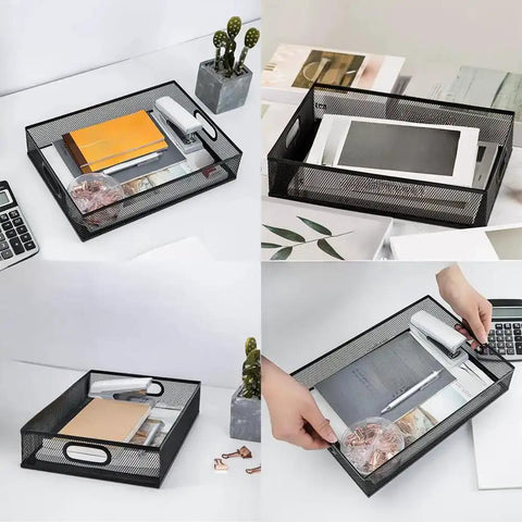 Beefy Heavy Duty Metal Mesh Desk Organizer Tray for A4 Files, black wire, 12.6 x 9.1 x 2.8 inches, shown with office supplies
