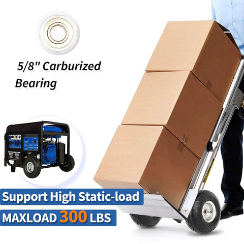 Hand truck loaded with boxes using a 4.10/3.50-4 Inch Tire And Wheel Set, 10 Inch Pneumatic Wheel With 2.25 Inch Offset Hub And 5/8 Inch Axle Bore