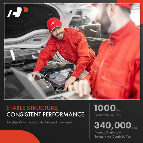 Mechanics performing tests on vehicle under hood in garage with stability and performance metrics displayed
