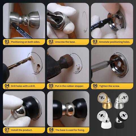 Installation steps for Powerful Magnetic Door Stopper Set Of 2 Stainless Steel Mini Door Stops with different finishes.