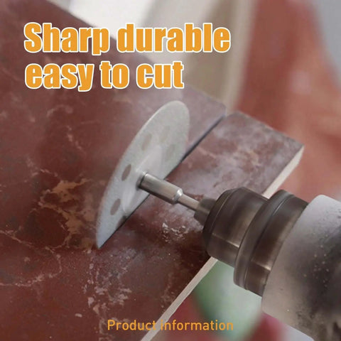 Close-up of 20 Piece Diamond Cut Off Wheel Set 22 mm for Dremel and Rotary Tools cutting metal surface, includes 3 mm mandrel.