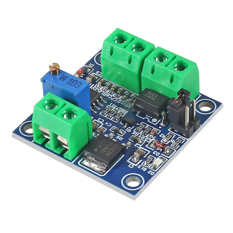 Top view of Plug And Play PWM To 0 To 10V Voltage Converter Module For PLC Interfaces with green terminal blocks and blue potentiometer.
