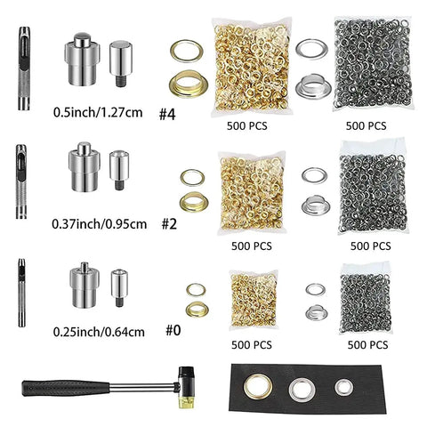 All In One Grommet Press Kit Heavy Duty Cast Iron Hand Press With Three Die Sets And 3000 Eyelets showing die sizes and eyelet sets
