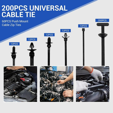 Nylon Universal Cable Tie Buckle Kit With Button Design And Flush Cutter 261 Piece Zip Ties for automotive use.