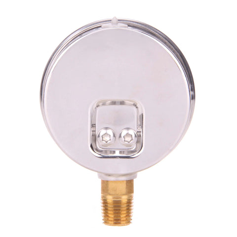 MEASUREMAN pressure gauge back view with 1/4 NPT brass inlet and stainless steel case