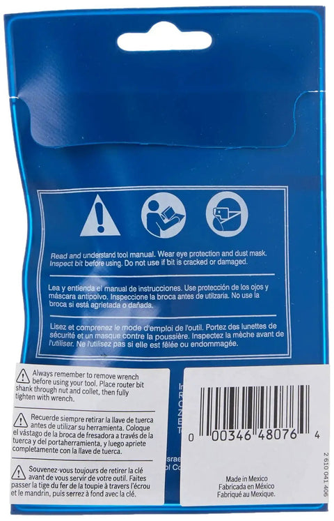 Back packaging of Self-Releasing One Quarter Inch Collet Chuck PR114 For Palm Routers with safety instructions visible.