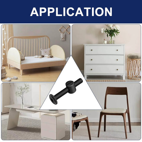 Application of M6x80mm Black Flat Head Socket Head Screws With Barrel Nuts And Allen Wrench For Furniture Assembly shown in bedroom, office and dining setups