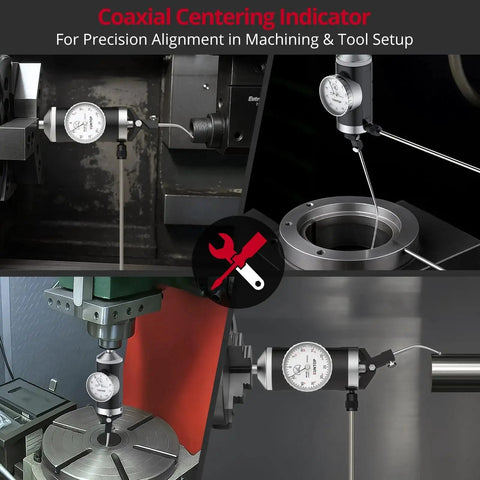 Coaxial Centering Indicator For Milling And Boring Machines With 0 To 0.15 Inch Travel And 0.0005 Inch Precision, 100 RPM Coaxial Indicator With 6 Feelers For Accurate Workpiece Center Alignment XUNTOP shown in machining setup.