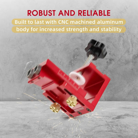 Red CNC machined aluminum pocket hole jig kit for 2x2 and 2x4 lumber, adjustable doweling for carpentry joints.