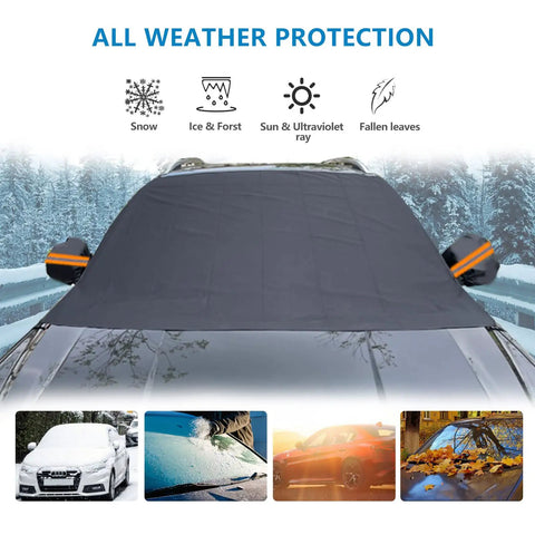 Thickened All Weather Windshield Cover For Ice And Snow With Side Mirror Covers Waterproof Frost Shield For Cars SUVs And Vans Easy Install Outdoor Windshield Protector 75 By 47 Inches on a car with all weather features.
