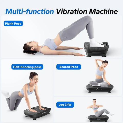 Vibration Plate Fitness Machine For Total Body Workout At Home With Auto Mode used by woman in plank, sitting, and kneeling poses.