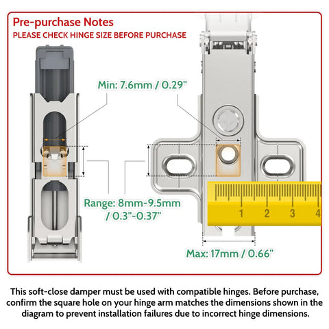 Diagram showing measurements for Cabinet Hinge Damper Pack Of 20 For Blum Straight Arm Full Overlay Hinges With Nickel Plated Finish.