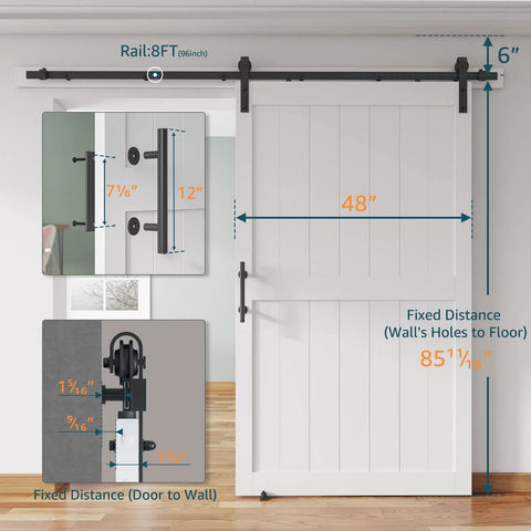 48x84 Inch Sliding Barn Door With 8 Foot Hardware Kit Handle Floor Guides And Easy DIY Installation White MDF Door shown installed