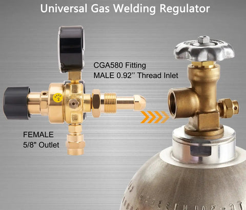 Universal Argon CO2 Gas Regulator for MIG TIG Welding with CGA 580 Inlet and hose fitting details.