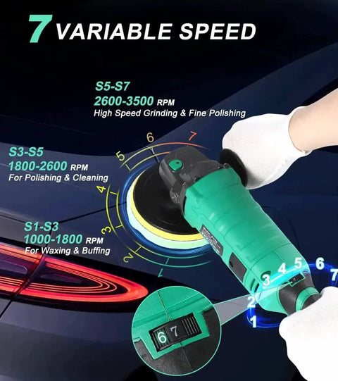 1600W Car Buffer Polisher With 7 Inch And 6 Inch Pads Pure Copper Motor Variable Speed 1000 To 3500 RPM in use on car