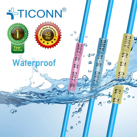 TICONN 100-Piece Heat Shrink Butt Wire Connector Kit, insulated waterproof terminals for marine/automotive, color-coded sizes.