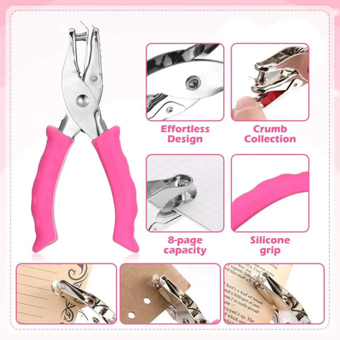 Dual Size Circle Hole Punch with one quarter inch and one eighth inch holes for paper crafts and scrapbooking, pink soft grip