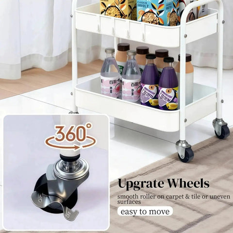 Two Tier Under Desk Storage Cart On Wheels With Built In Handle And Four Side Hooks, featuring upgraded 360° swiveling wheels for easy maneuvering
