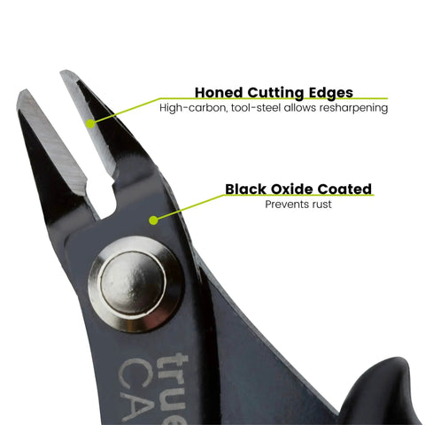 Close-up of Pro Grade Flush Cutter For Wire Up To 16 AWG Precision Sharp Cutting Pliers with honed edges and black oxide coating.