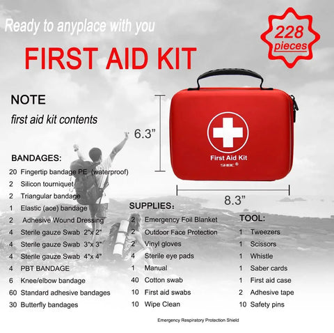 Compact First Aid Kit With 228 Pieces For Family Emergency Care In Waterproof EVA Case Red with contents list