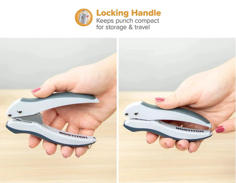 Hands holding EZ Squeeze One-Hole Paper Punch Pack of 3, 10 Sheet Capacity, with ergonomic grip and gray-blue finish, side view.