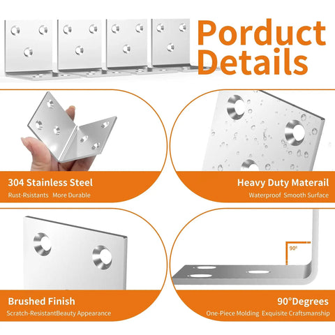 20 Pcs Stainless Steel L Brackets 2x2x2 Inch Heavy Duty Corner Braces with product details showing durability and finish.