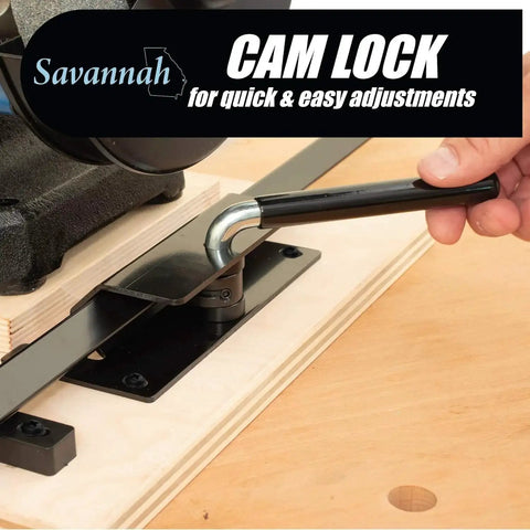 Pro Grind Sharpening System For 8 Inch Grinders Helps You Sharpen Lathe Turning Tools Chisels Skews Gouges Bowl Gouges Spindle Gouges And Carving Tools With Setup Blocks And Quad Jig For Precise Edge Control shown with cam lock on wooden platform.