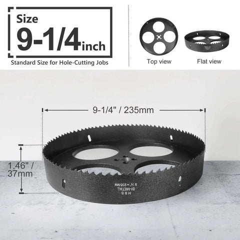 Nine And A Quarter Inch Bi Metal Hole Saw Kit With One Half Inch Hex Shank Quick Change Arbor For Cornhole Boards Recessed Lights Wood Plastic Drywall And Soft Metal Includes Case Center Drill Bits And Allen Wrench, showing 9-1/4 inch bi-metal saw dimensions