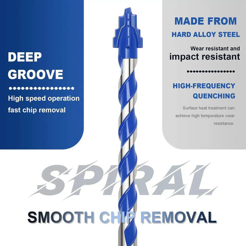 Close-up of a single masonry drill bit showing deep groove and spiral design for smooth chip removal, made from hard alloy steel.