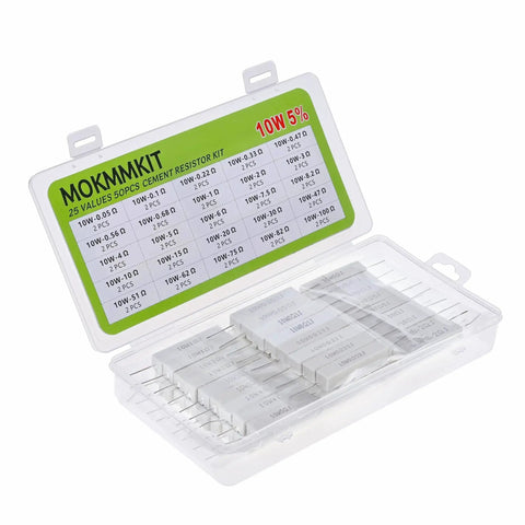 Front view of MOKMMKIT 50-piece 25-value ceramic cement resistor kit with 10W resistors in clear plastic case